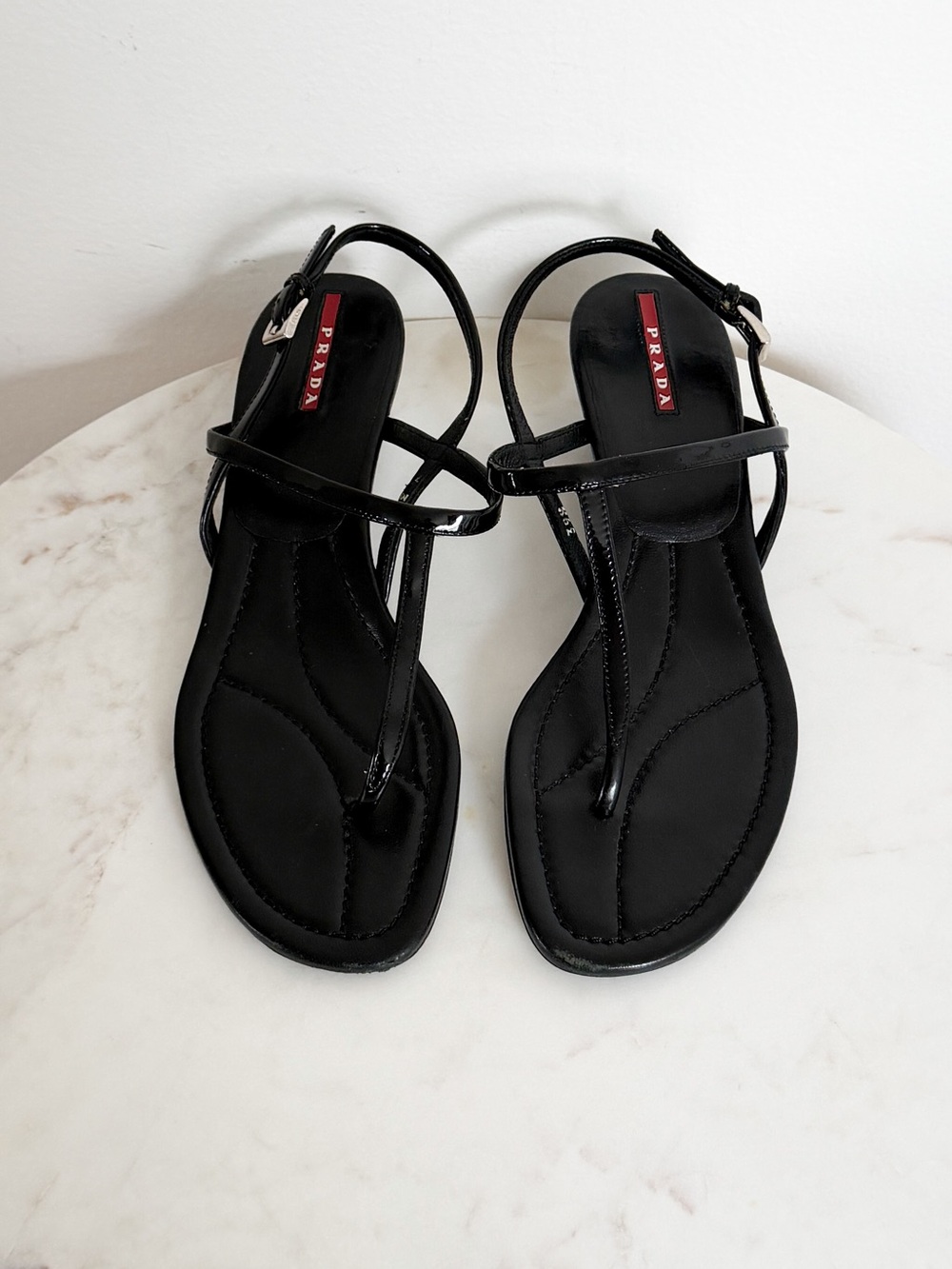 Prada Black Patent Leather Wedge Thong Sandals Size 9.5 US 39.5 IT - Picture 3 of 7